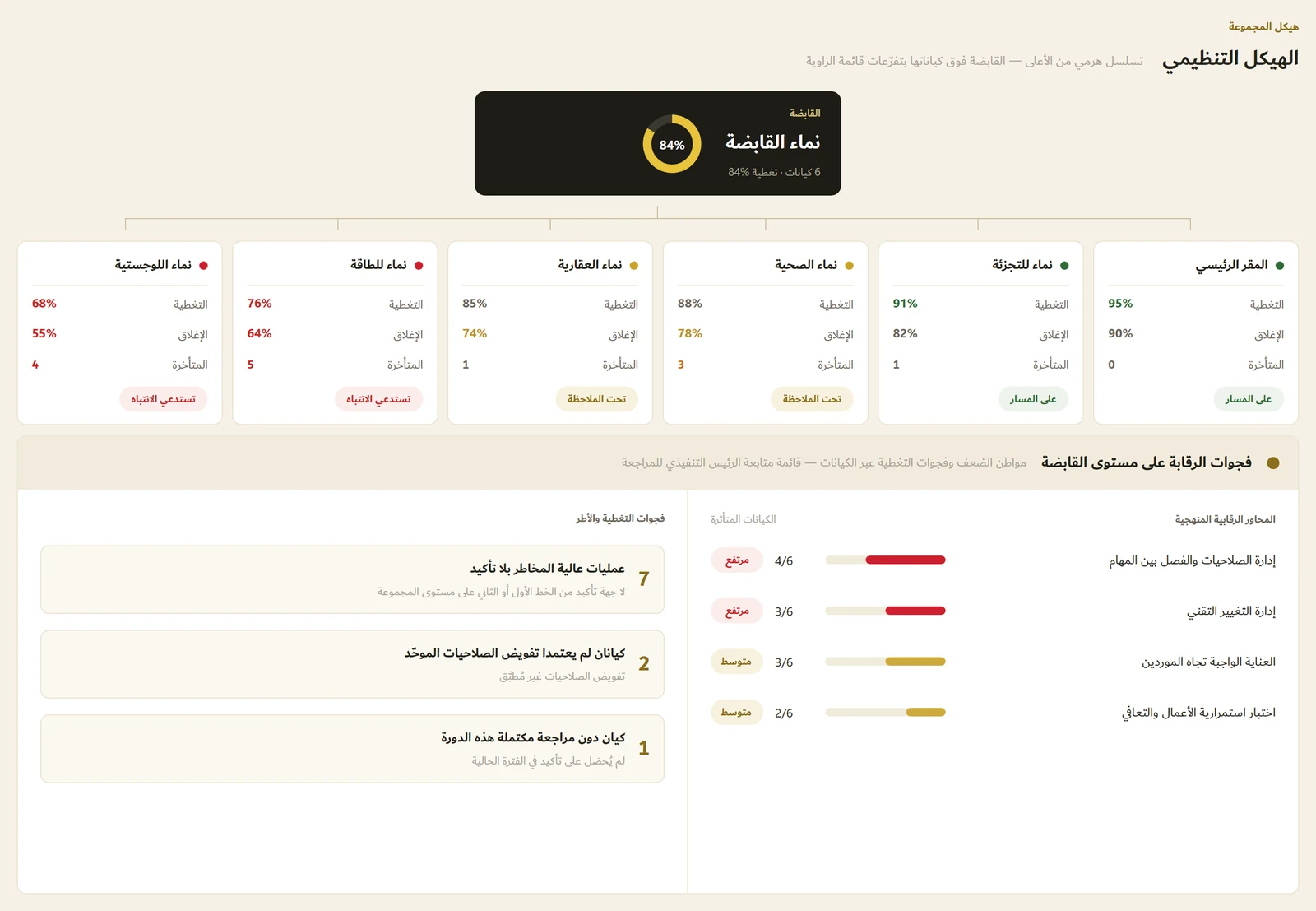 المجموعة structure — the holding and its entities, with holding-level control gaps