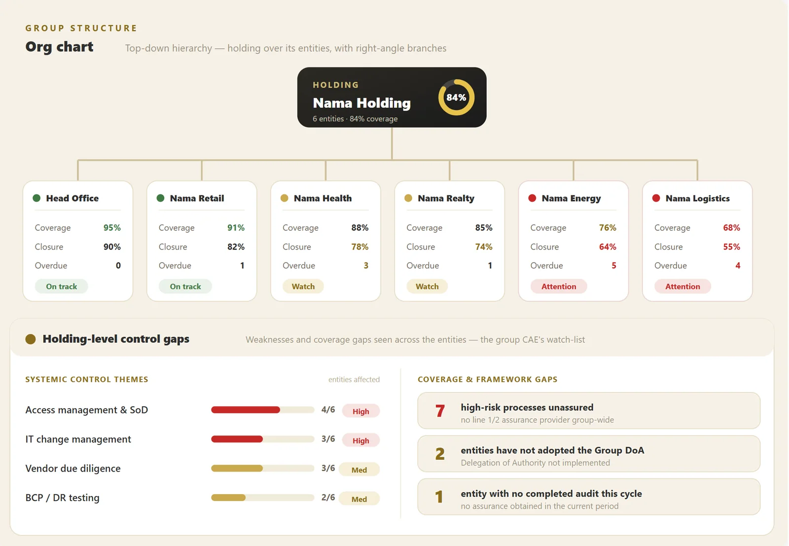 Group structure — the holding and its entities, with holding-level control gaps