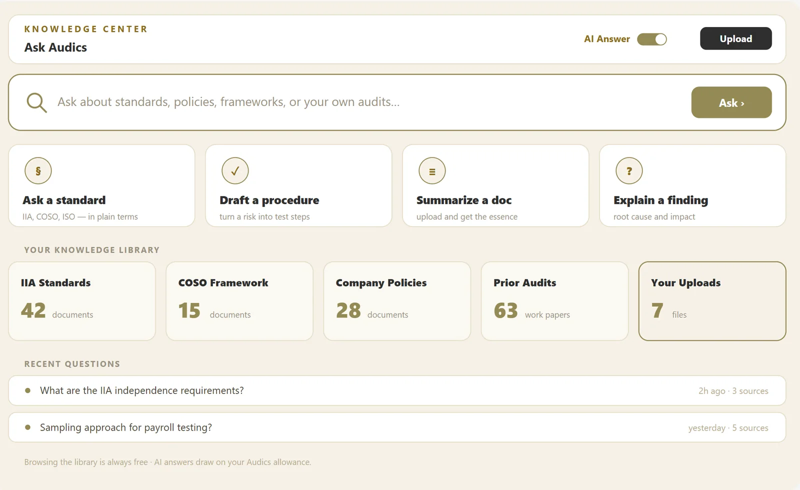 Knowledge Center — ask Audics, with a knowledge library of standards, frameworks, policies and prior audits